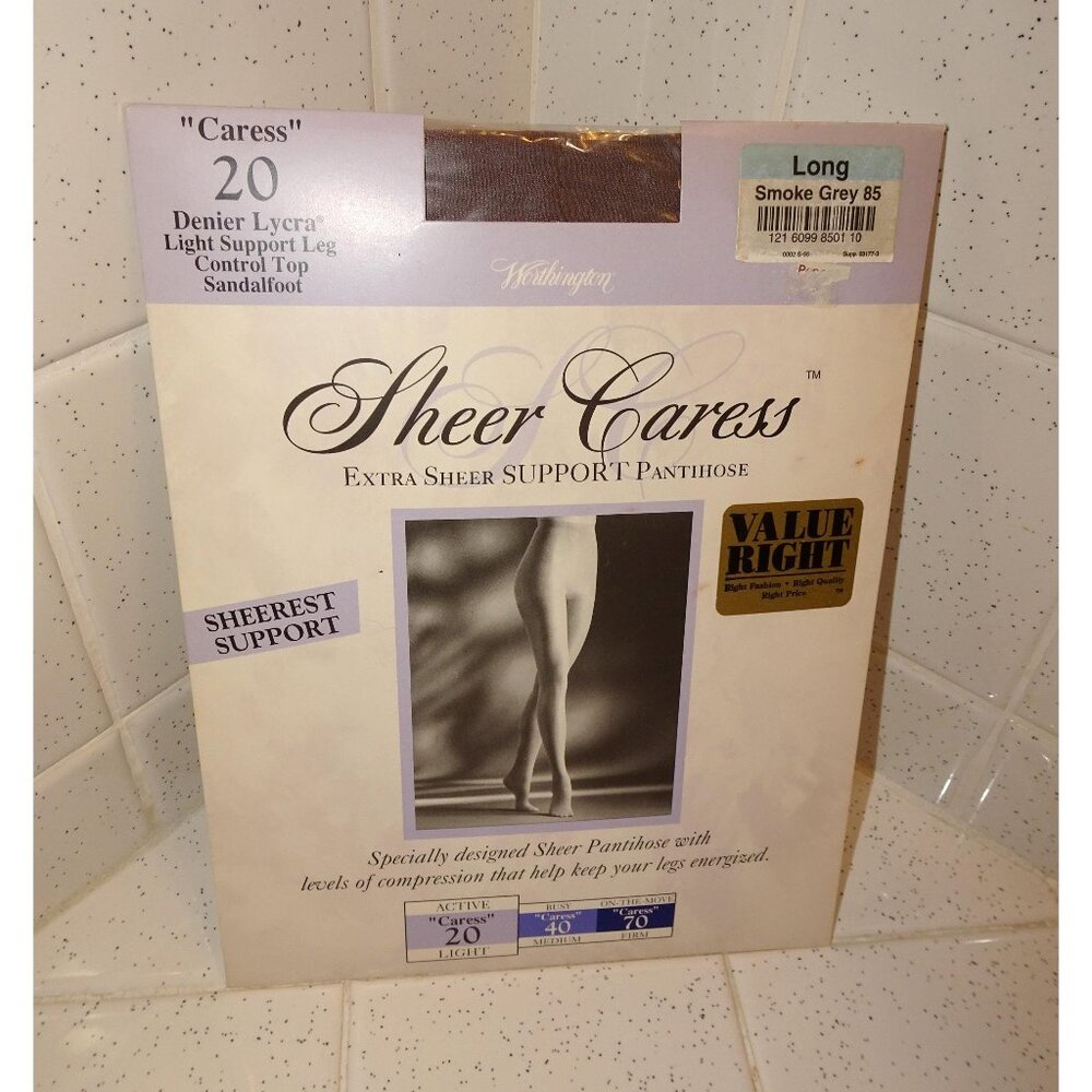 Vintage Worthington Sheer Caress Grey Extra Sheer Support Pantihose size long